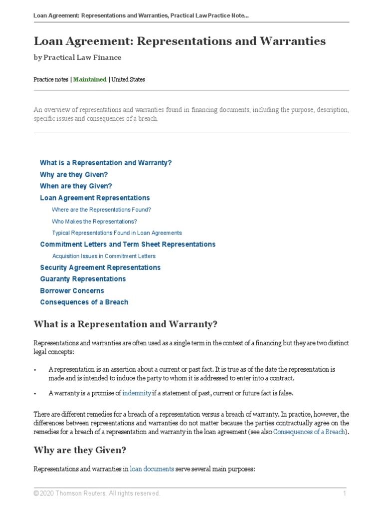 Loan Agreement Representations and Warranties PDF Loans Equity