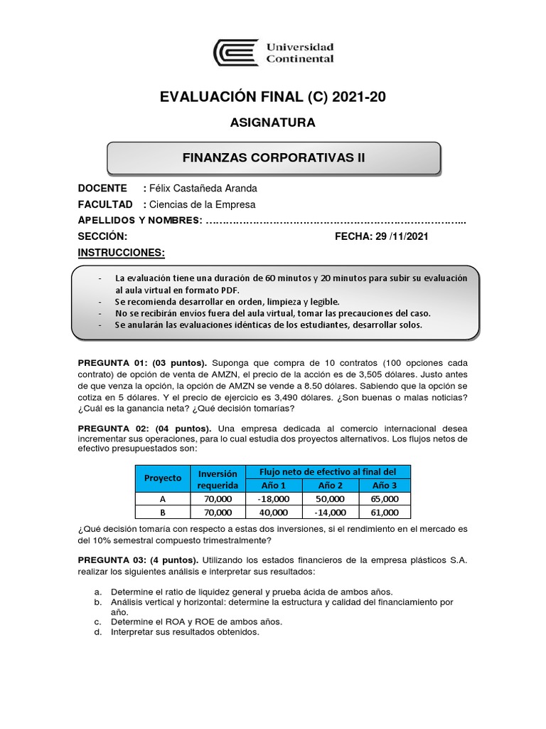 Examen de Finanzas Corporativas II | PDF | Compartir (Finanzas) | Bancos