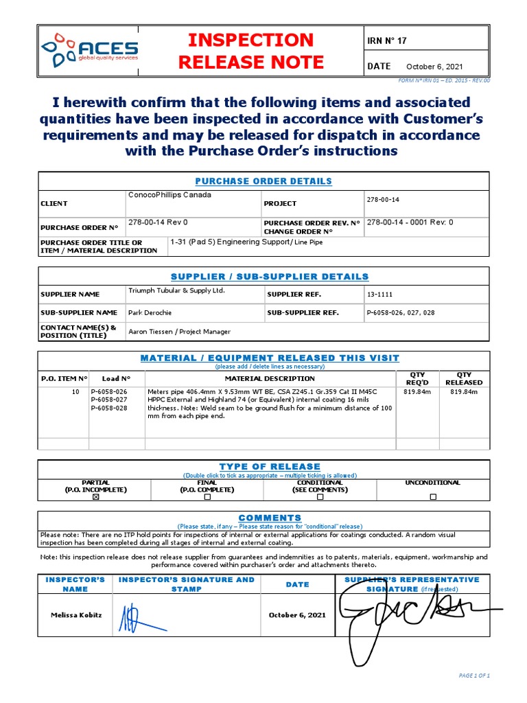 Inspection Release Note: Purchase Order Details | PDF | Business ...