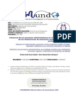 Influencia de Los Procesos Administrativos en La Calidad Productiva de Las Instituciones de Educación Superior y Extensiones Universitarias de Manabí