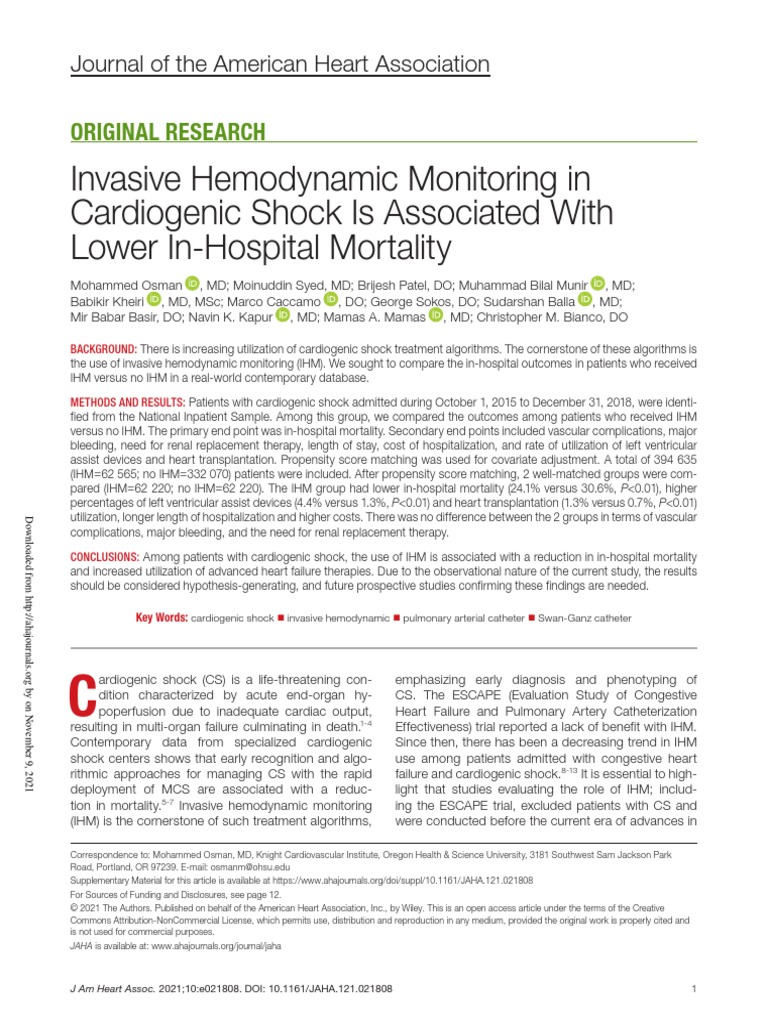 Invasive Hemodynamic Monitoring in Cardiogenic Shock Is Associated With
