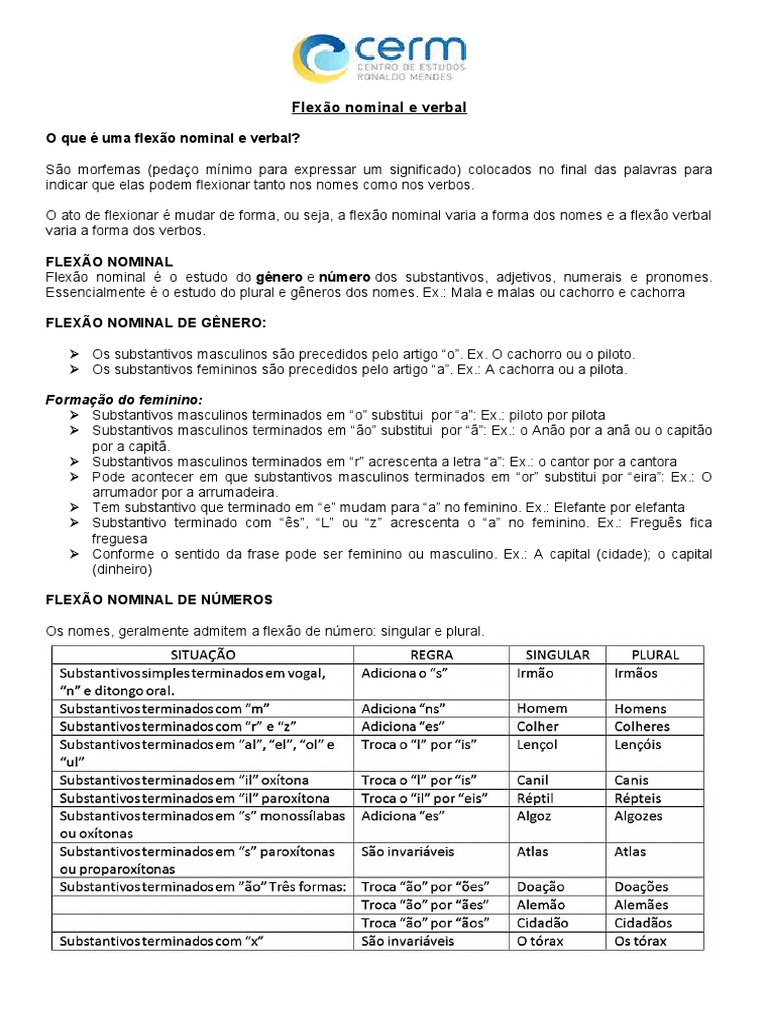 Flexão Nominal e Verbal | PDF | Substantivo | Morfologia linguística