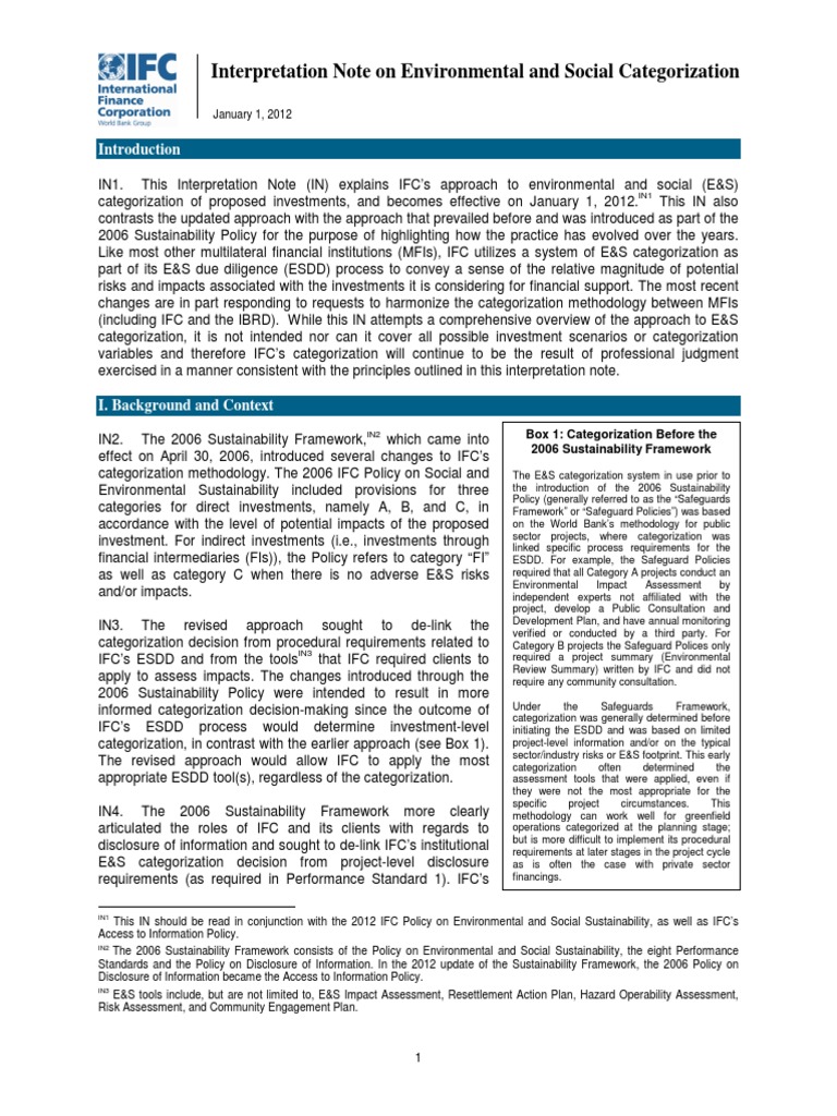IFC Environmental & Social Categorization Guide | PDF | International ...