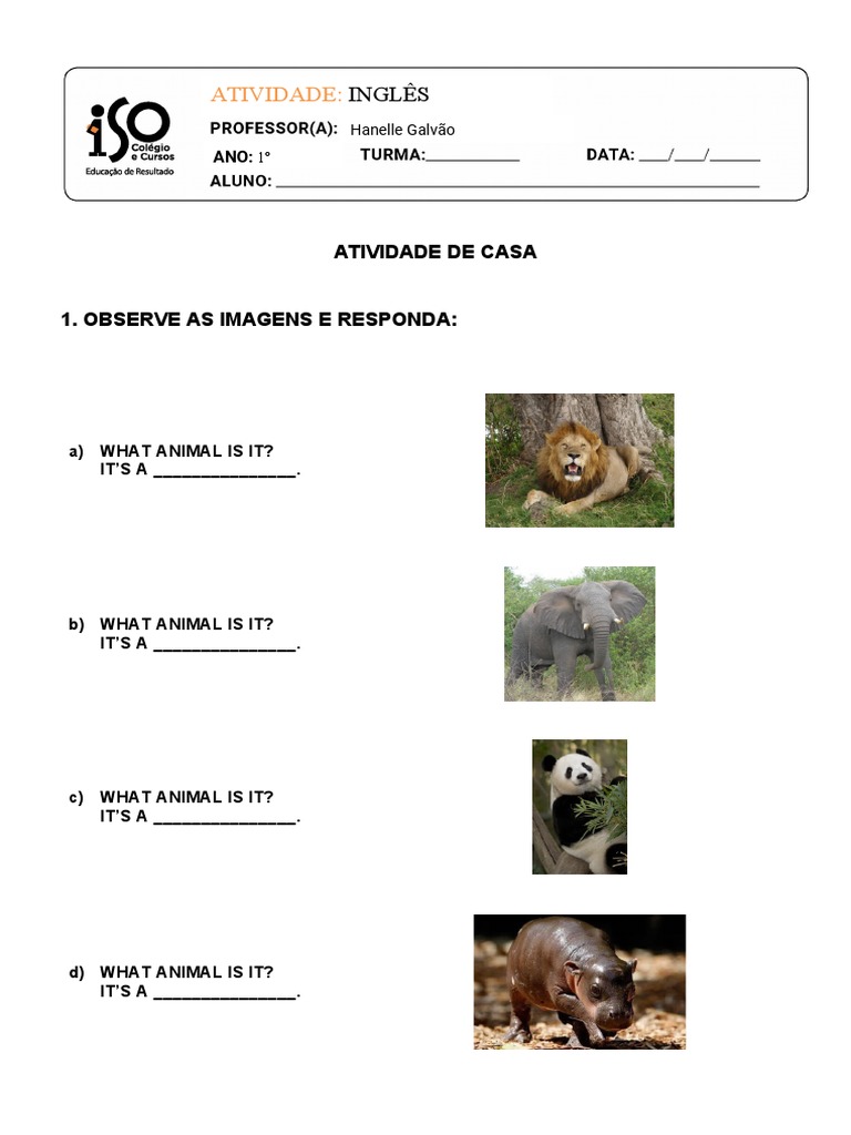 Atividade de Inglês: Animais para 1º Ano | PDF | Jogos e Atividades ...