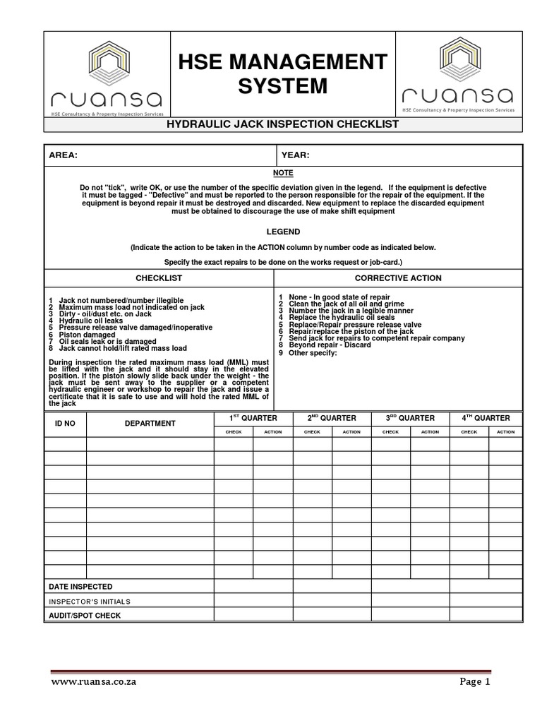 Hydraulic Jack Inspection Checklist PDF Manufactured Goods Gas