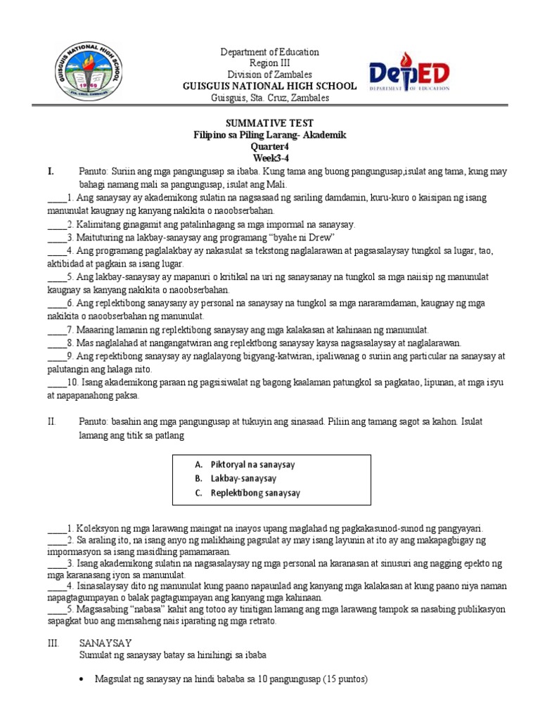 GuisguisNHS - Summative Test - Week 3&4 - Fourth Quarter | PDF