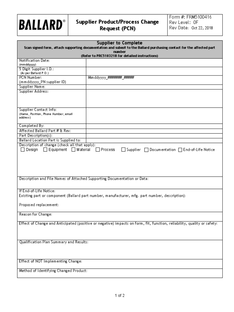 frm5100416 Supplier Product Process Change Notification Request Form ...