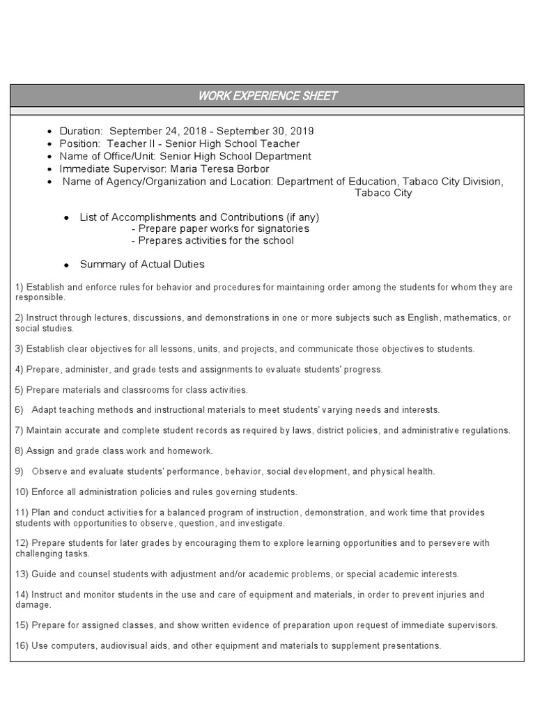 Work Experience Sheet: - Prepare Paper Works For Signatories | PDF ...