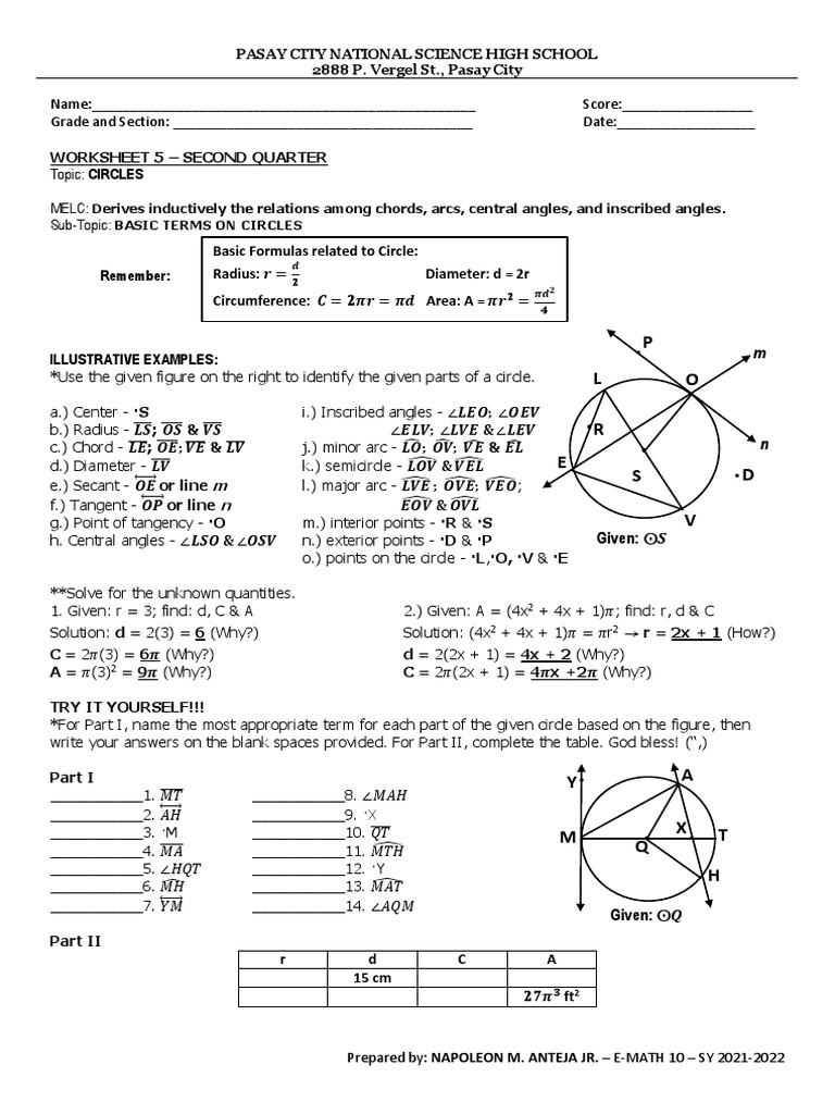 WS 5 (Basic Terms On Circles - Q2) | PDF | Circle | Angle