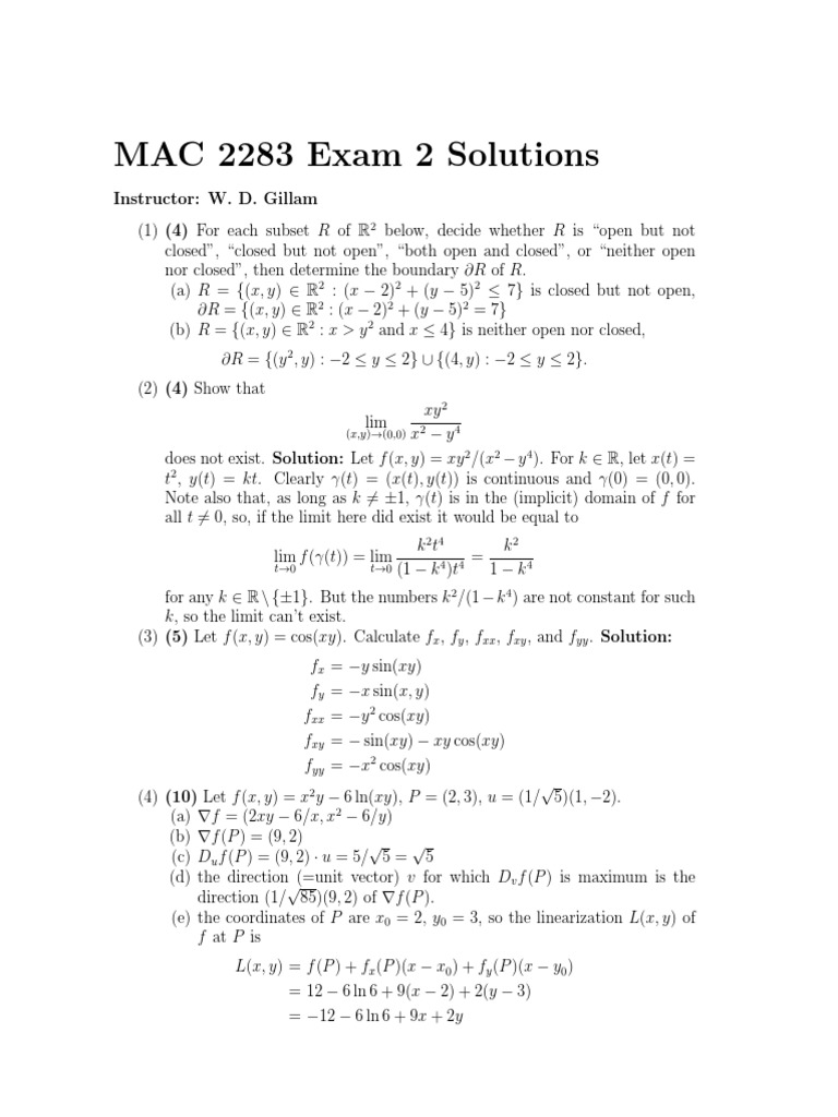 Calculus Exam 2 Solutions | PDF | Equations | Differential Calculus