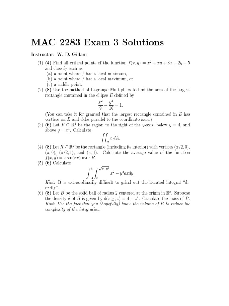 MAC 2283 Exam 3 Solutions Overview | PDF | Area | Mathematics