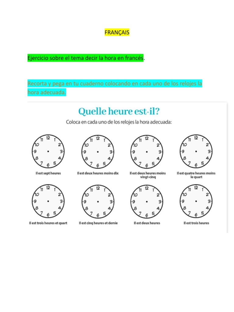 Ejercicio Sobre El Tema Decir La Hora en Francés | PDF