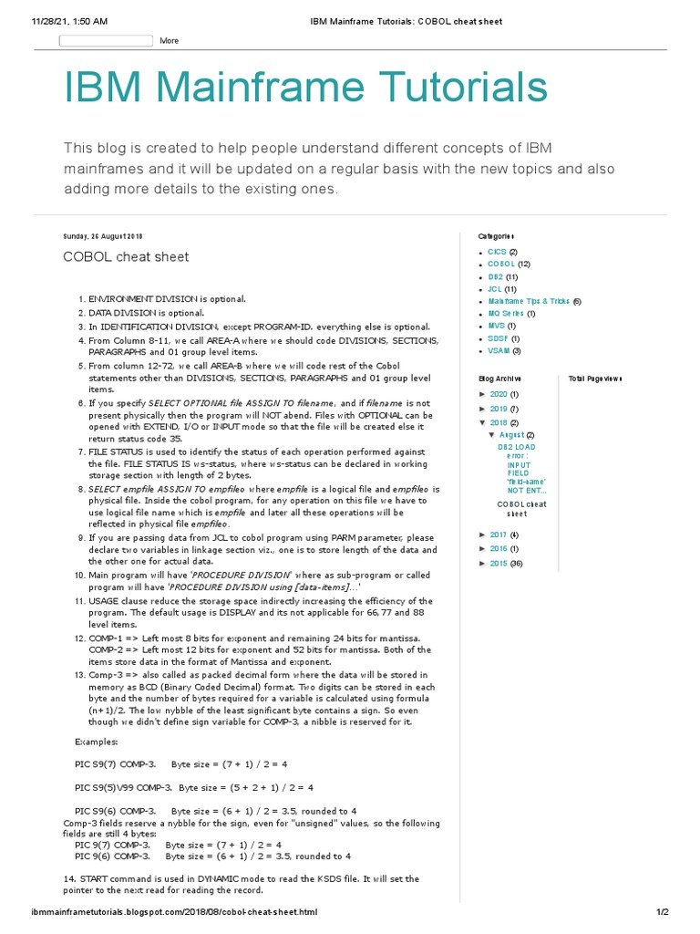 IBM Mainframe Tutorials - COBOL Cheat Sheet | PDF | Binary Coded ...