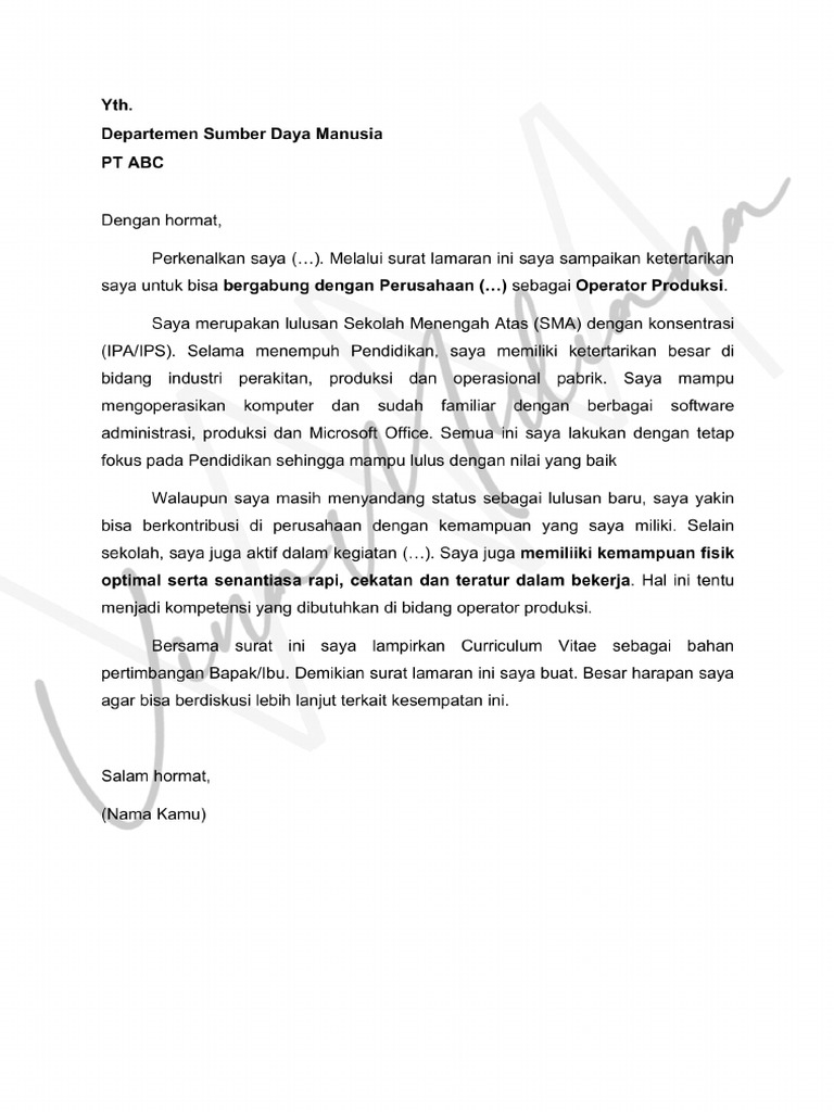 Free Resources - Template Surat Lamaran Sma (Operator Produksi) by Vina