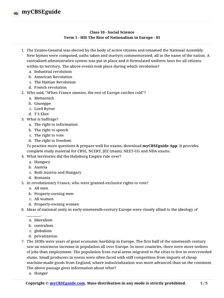 Mycbseguide Class 10 Social Science Term 1 His The Rise of