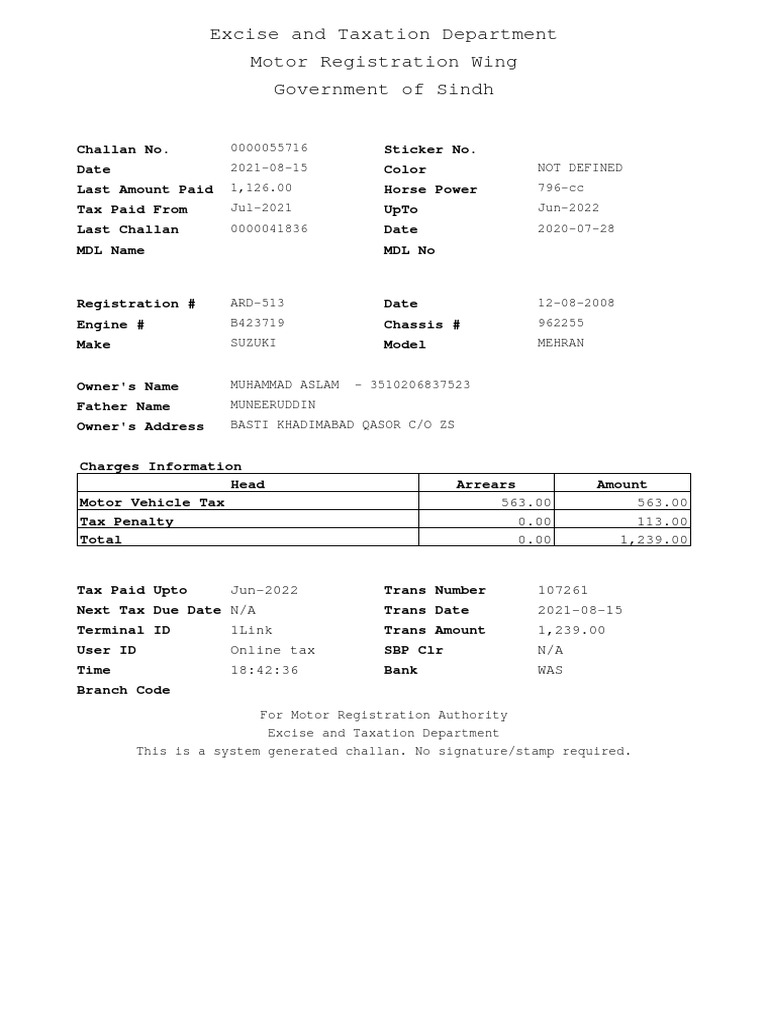 Excise and Taxation Department Motor Registration Wing Government of ...