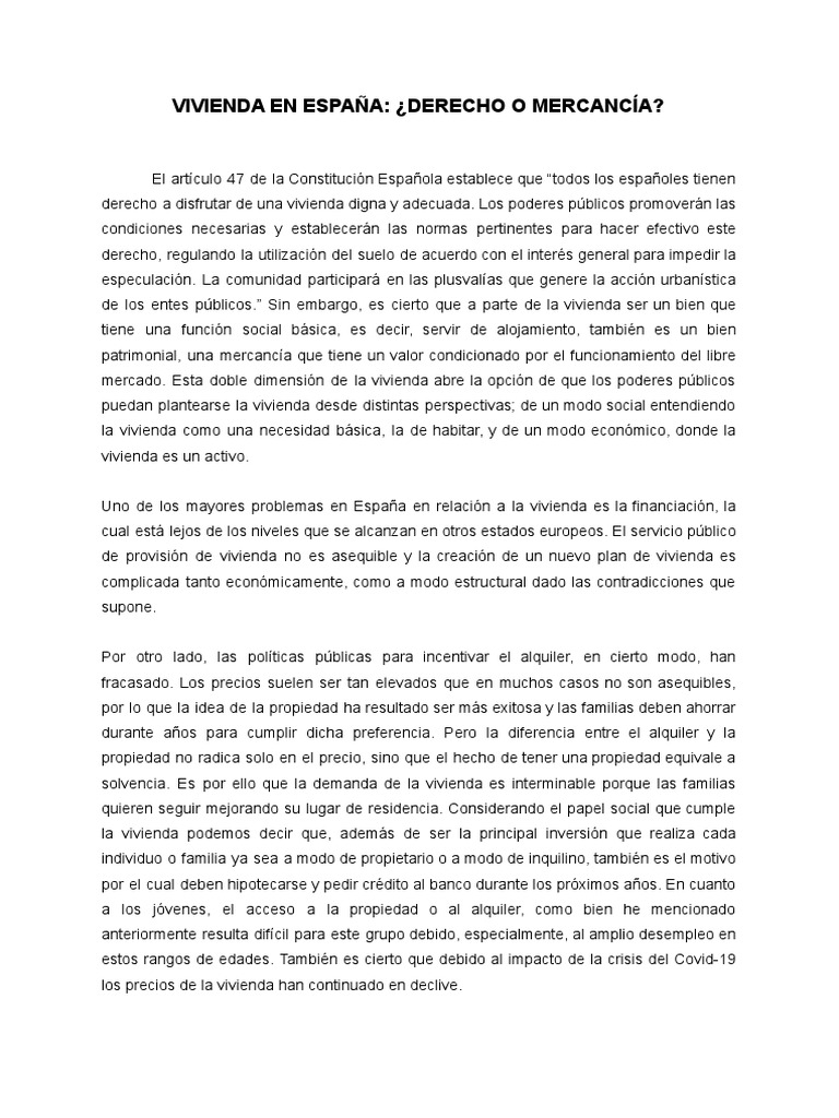 Derecho A La Vivienda en España PDF Propiedad España