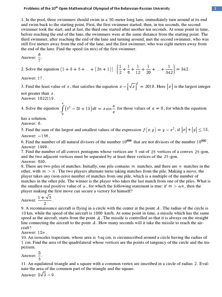 Belarusian-Russian Math Olympiad Problems | PDF | Equations | Circle