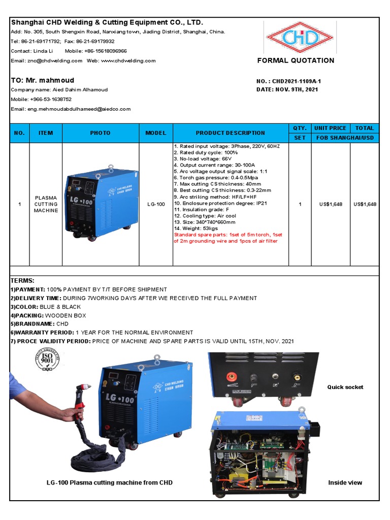 CHD Best Quotation of Welding Machine NO., CHD20211109A1 PDF