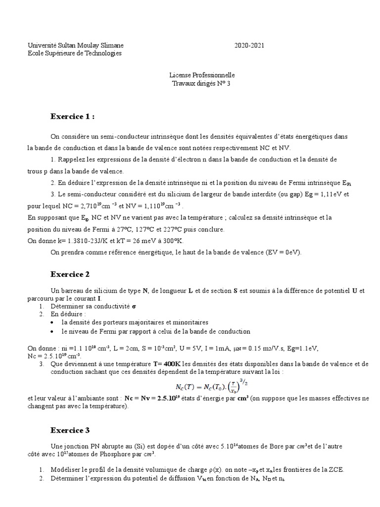 Exercice 1 PDF Semiconducteurs Théorie des bandes — free download