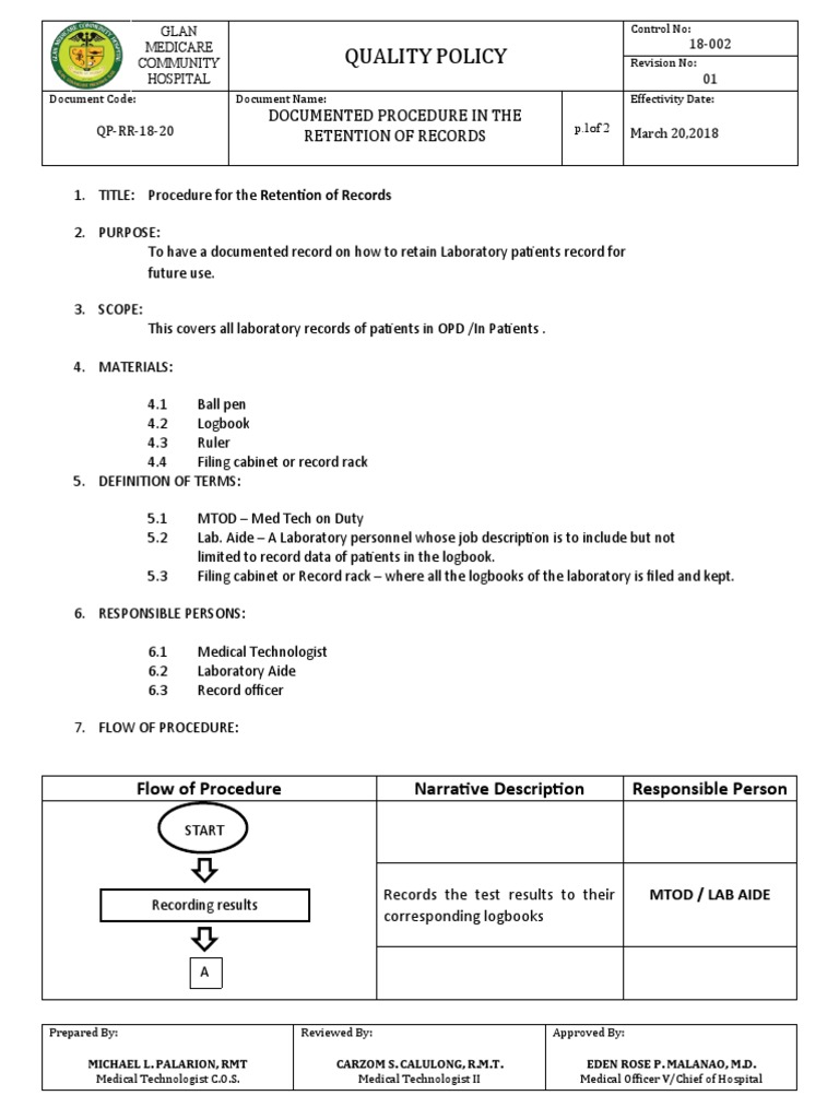 Glan Hospital Laboratory Record Retention Procedure PDF Medicine