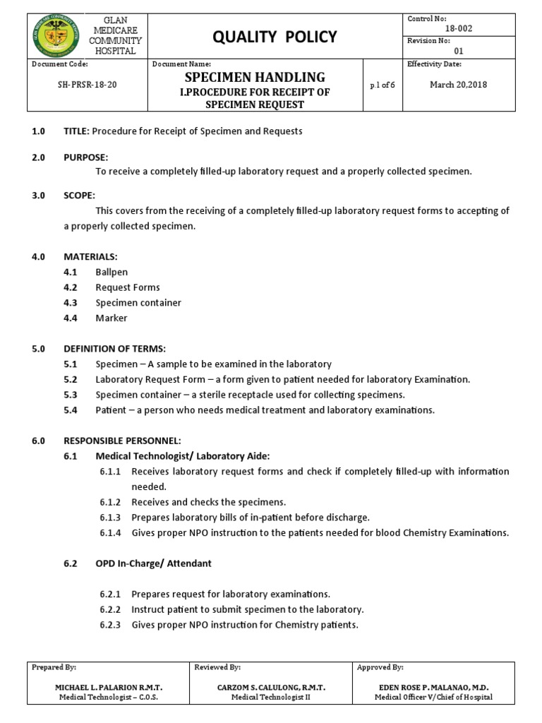 Specimen Handling, I. Procedure For Receipt of Specimen and Request