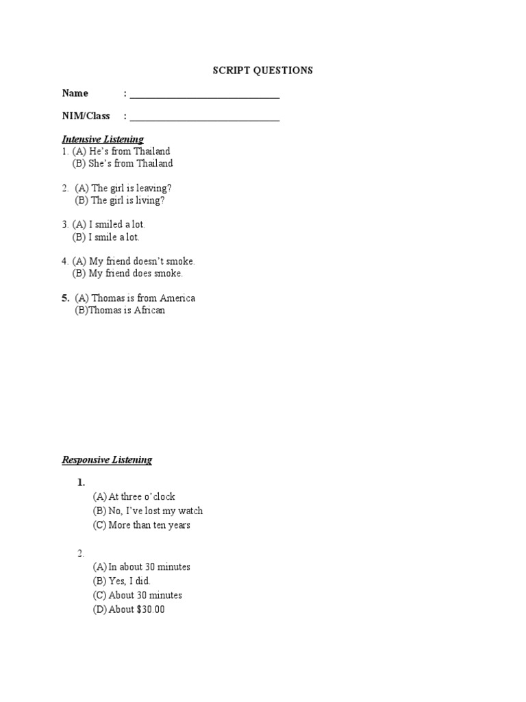 Intensive Listening: Script Questions Name: - NIM/Class | PDF