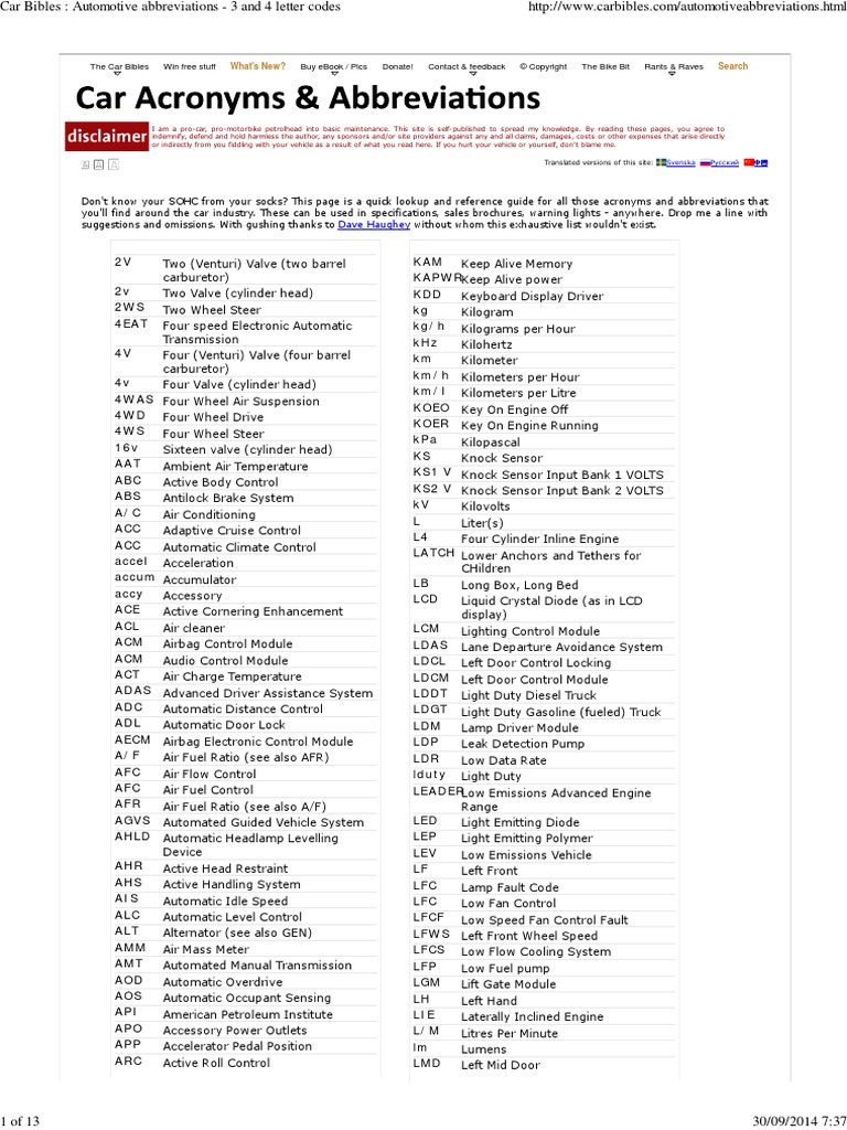Car Bibles - Automotive Abbreviations - 3 and 4 Letter Codes | PDF ...
