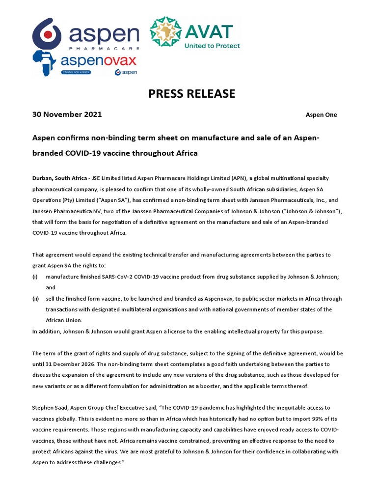 Aspen Press Release 30 Nov 2021 PDF Johnson & Johnson Risk