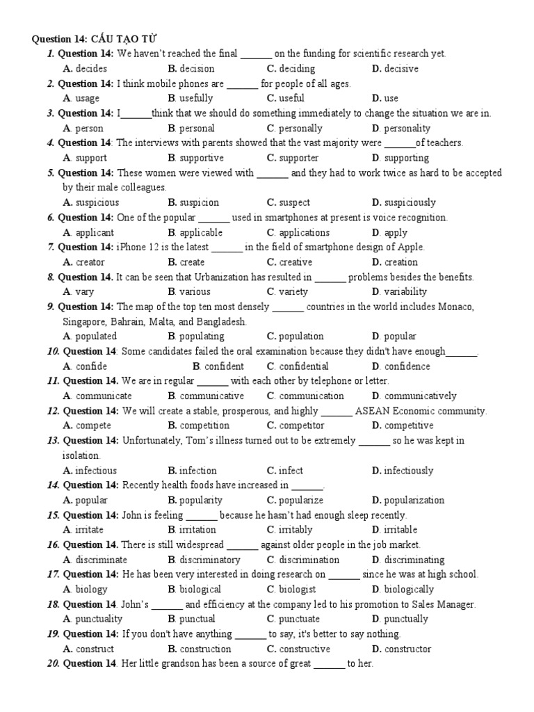 Question 14 ĐỀ P1 | PDF | Cognition