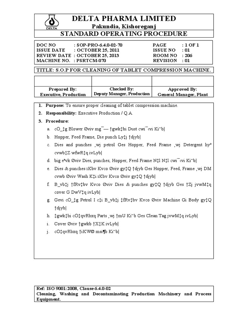 SOP For Cleaning of Tablet Compression Machine PDF
