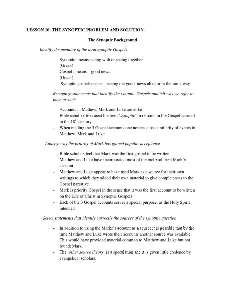 Understanding the Synoptic Problem | PDF | Gospels | Gospel Of Mark