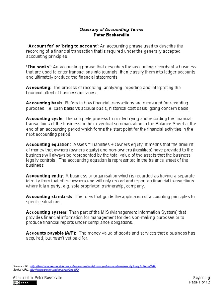 Accounting Terms Glossary by Baskerville | PDF | Debits And Credits ...
