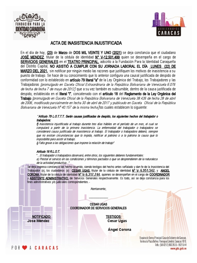 Acta de Inasistencia Laboral 2021 | PDF | Venezuela | Justicia