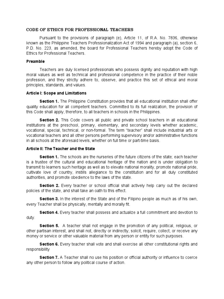 Philippine Teachers' Code of Ethics | PDF | Teachers | Profession