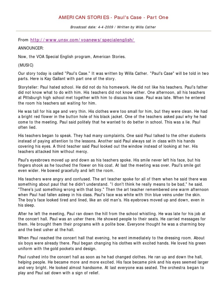 AMERICAN STORIES Paul's Case, Part One PDF