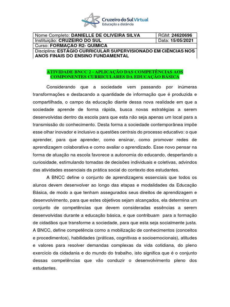 Template ATIVIDADE BNCC 1.2 PDF Science Aprendizado