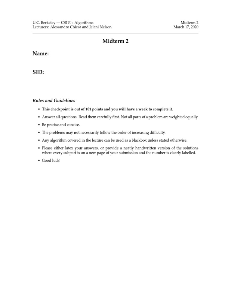 Cs170 Sp2020 Mt2 Chiesa Nelson Soln | PDF | Linear Programming ...