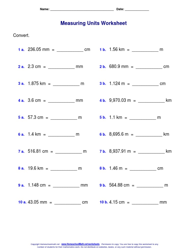 Measuring Units Worksheet: Name: - Date | PDF