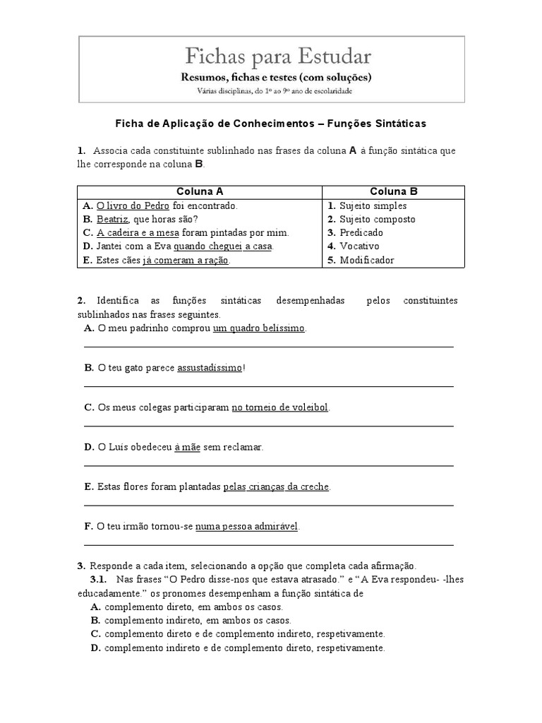 Ficha Portugues 8 Ano 9 Ano Funcoes Sintaticas | PDF | Pronome