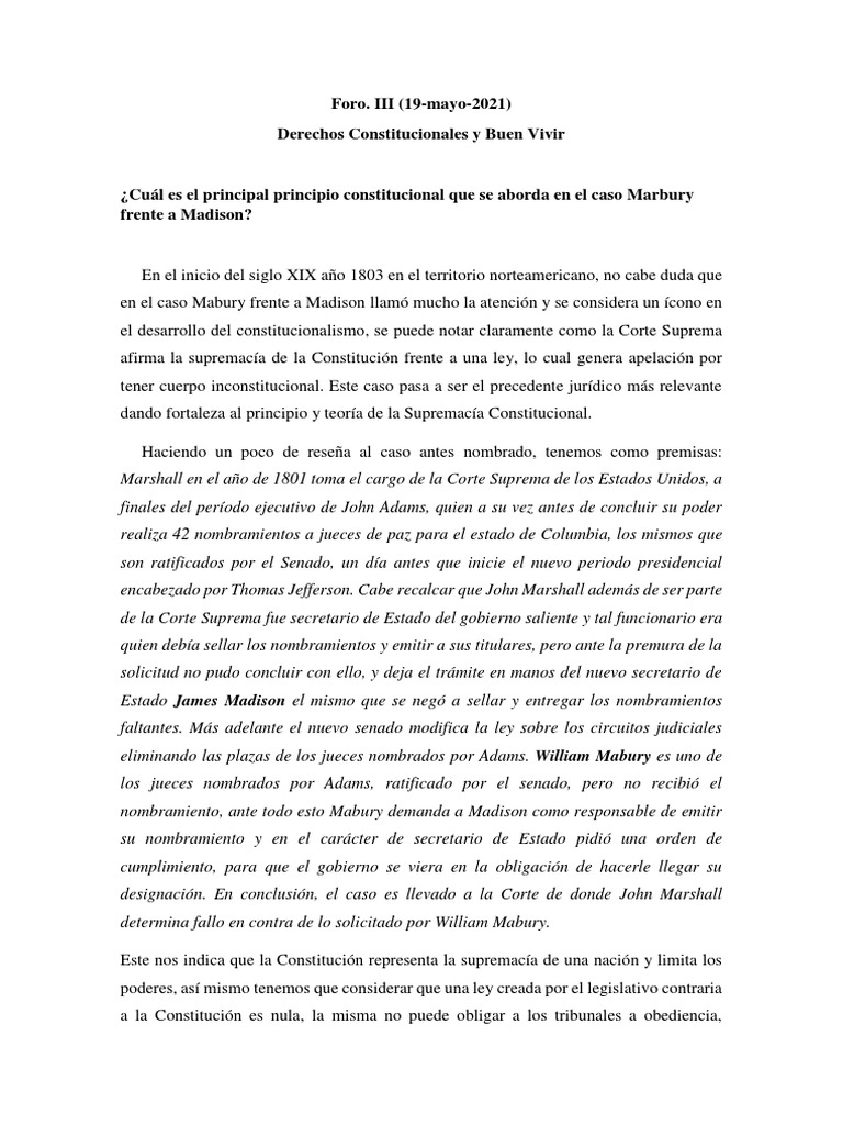 Supremacía Constitucional en Marbury vs. Madison | PDF | John Adams ...