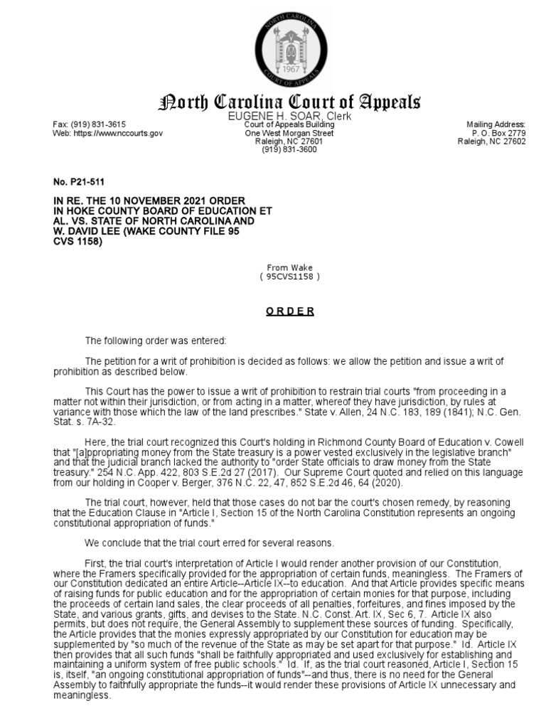 NC Court of Appeals Blocks Leandro School Funding Order | PDF | Judgment  (Law) | Writ Of Prohibition
