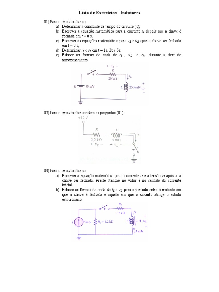 Lista de exercícios sobre circuitos indutivos com ênfase em equações de
