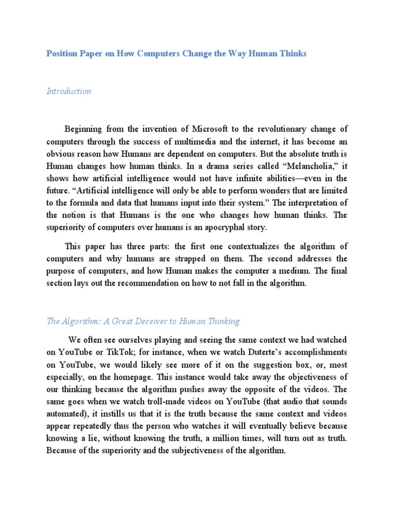 Position Paper On How Computers Change The Way Human Thinks | PDF ...