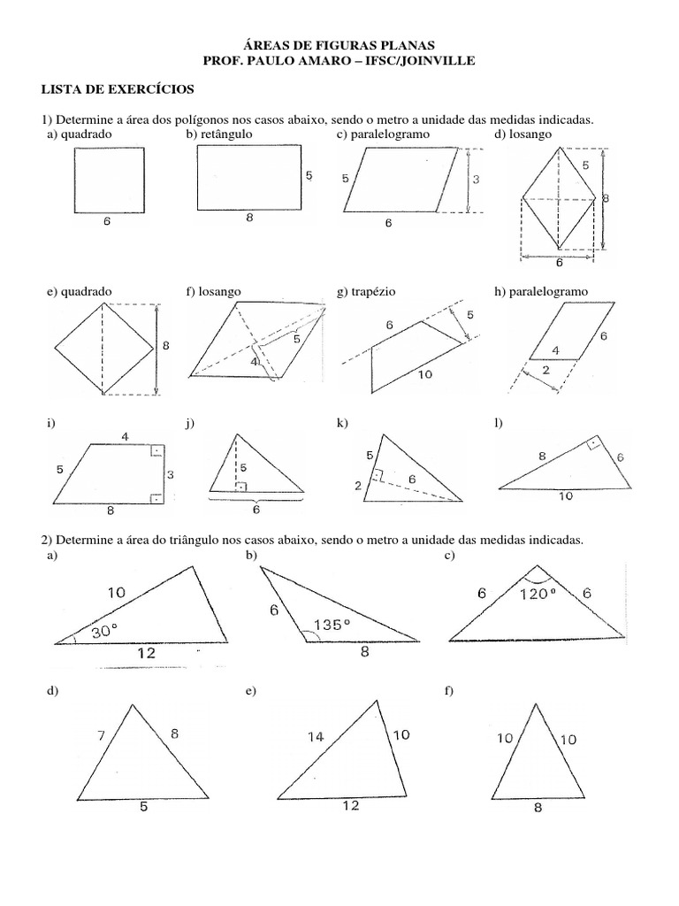 ÁREAS DE FIGURAS PLANAS - Exercícios | PDF