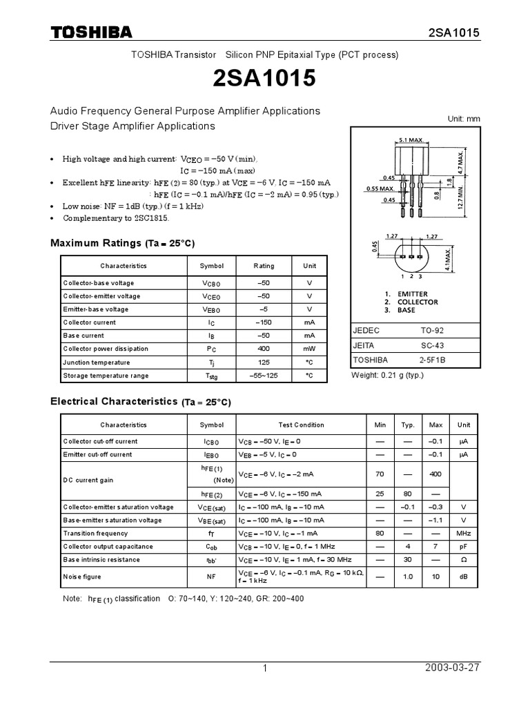 Audio Frequency General Purpose Amplifier Applications Driver Stage