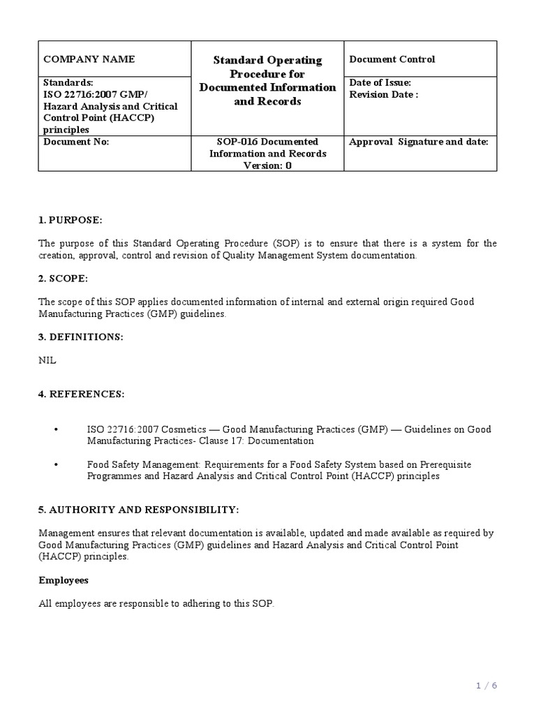 SOP for Document Control and Records | PDF | Hazard Analysis And ...