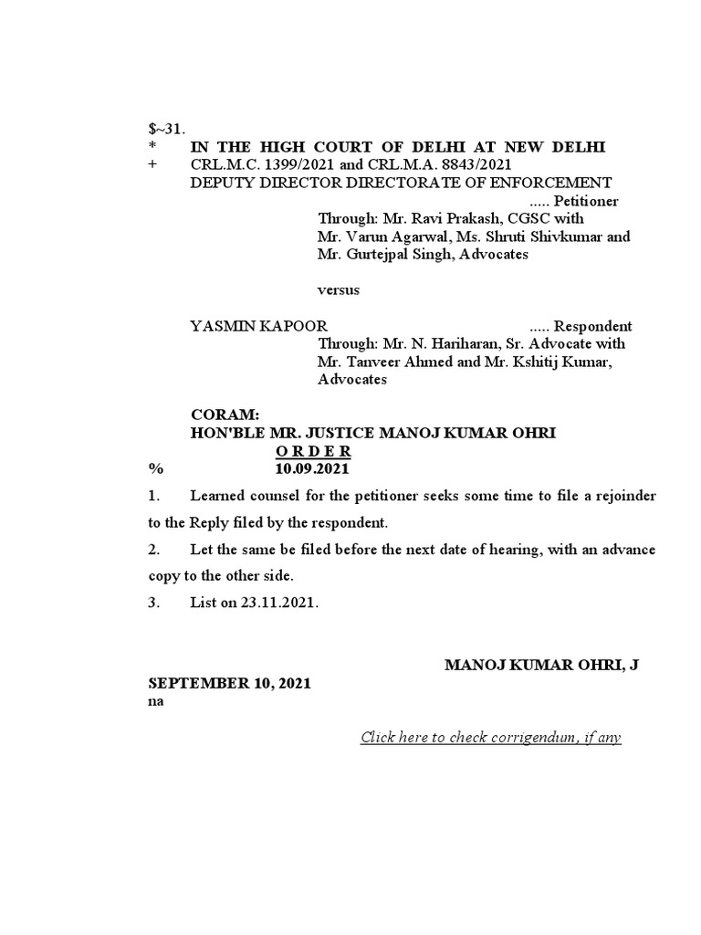 Deputy Director Directorate of Enforcement V.Yasmin Kapoor | PDF