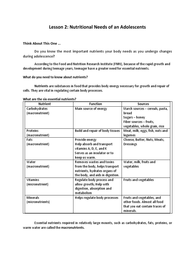 Essential Nutrients for Adolescents | PDF | Nutrients | Diet & Nutrition