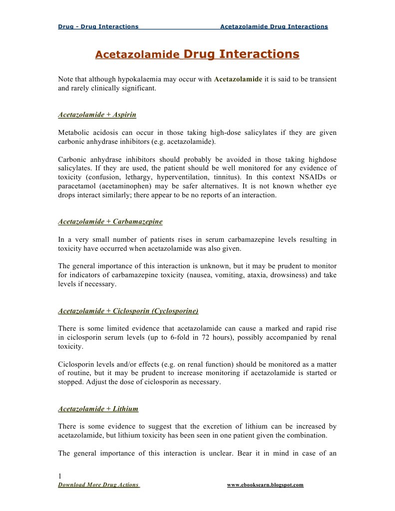 Acetazolamide Drug Interactions PDF Drugs Pharmacology